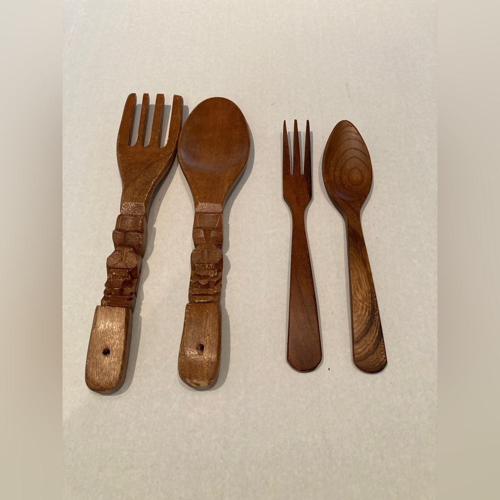Vintage MCM Large Wooden Spoon and Fork Wall Hanging Tiki Totem Decor Lot of 4